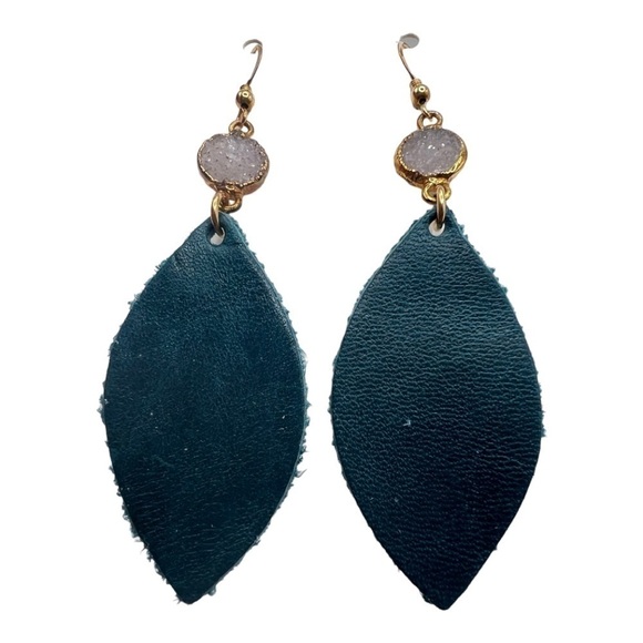Love , Poppy Teal Green Leather Teardrop with Druzy Stone Earrings NEW - Picture 4 of 13